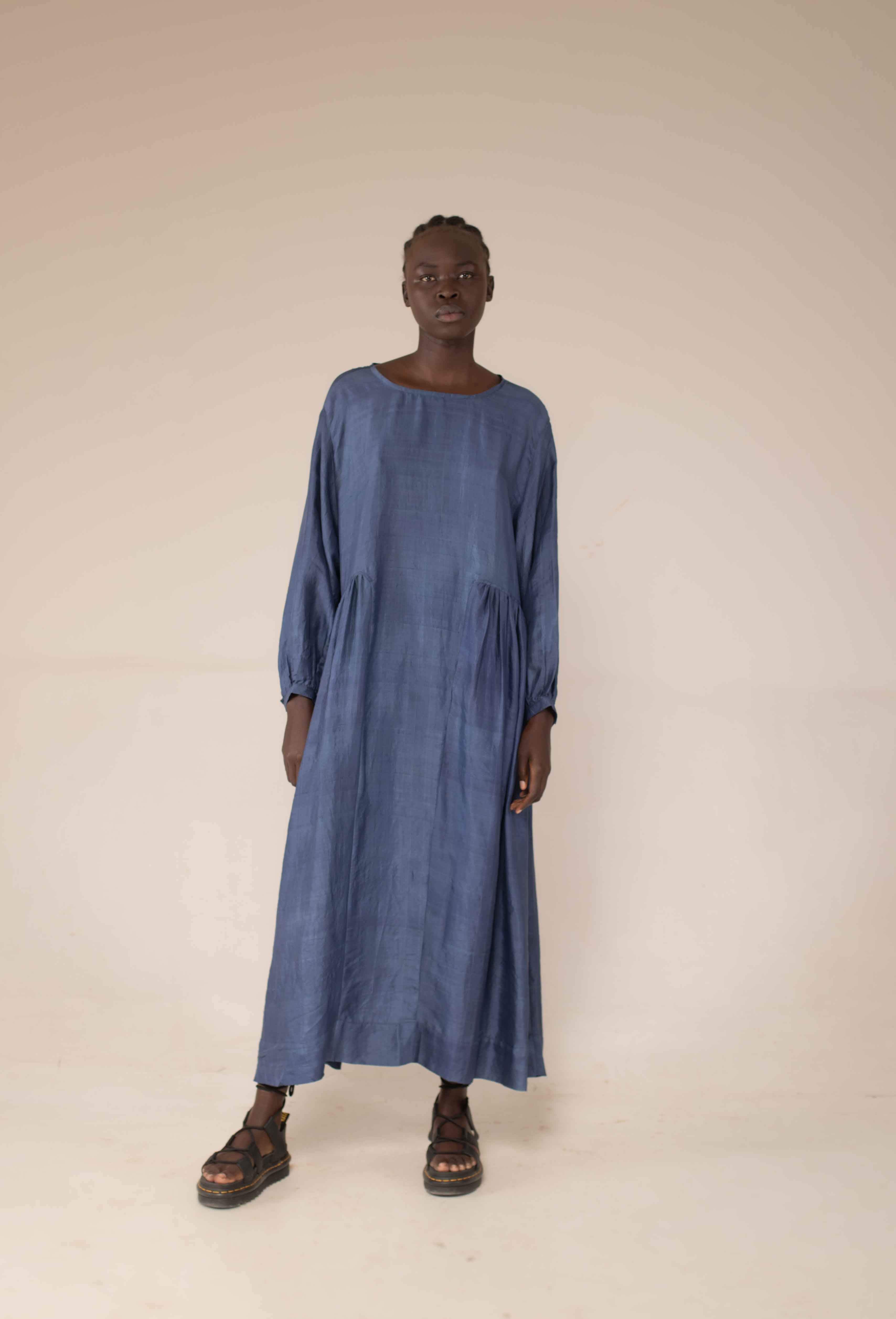 Handloom silk Balloon dress - Woad – Hamaji Studio