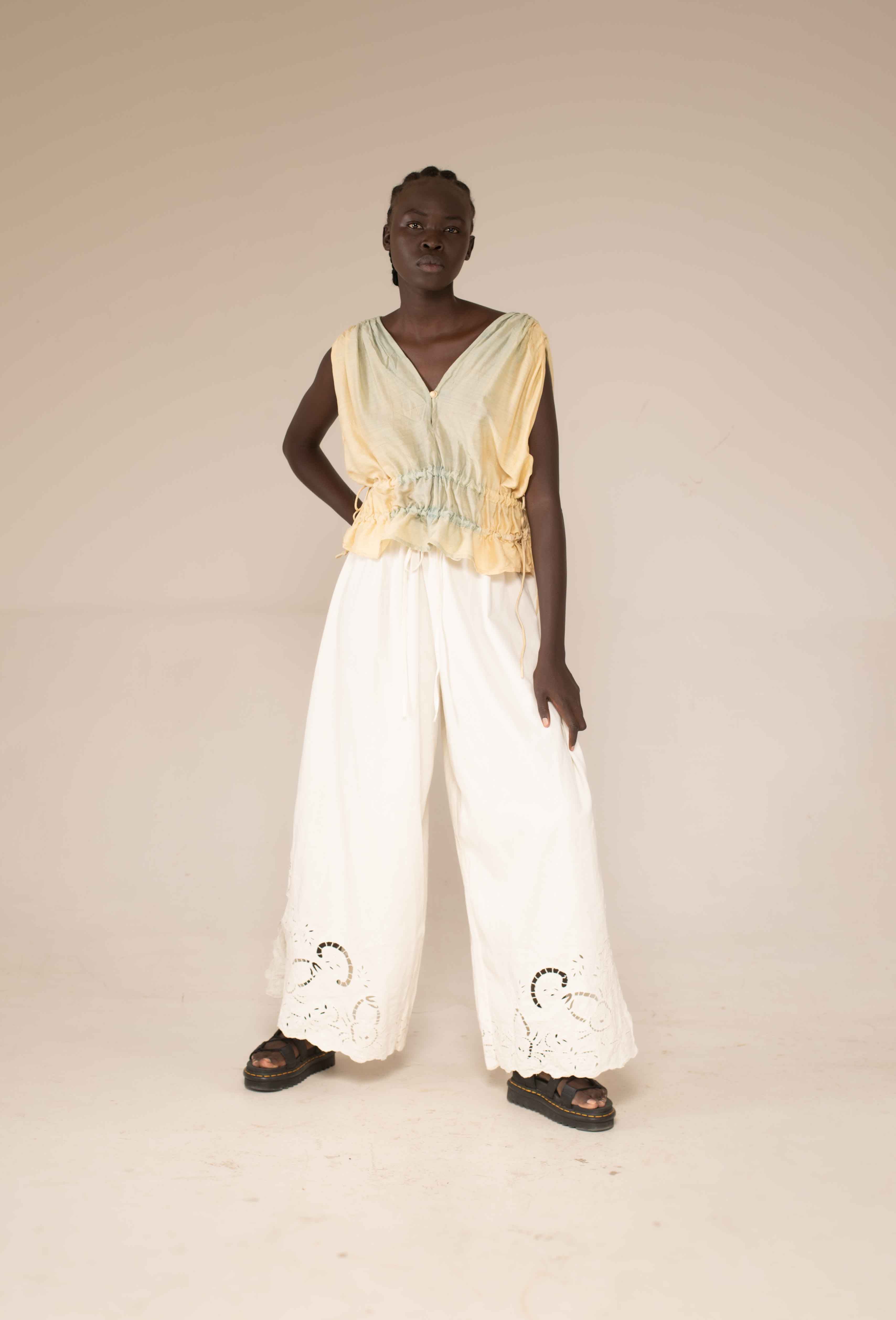 Wide leg pants- Crab cut out embroidery – Hamaji Studio