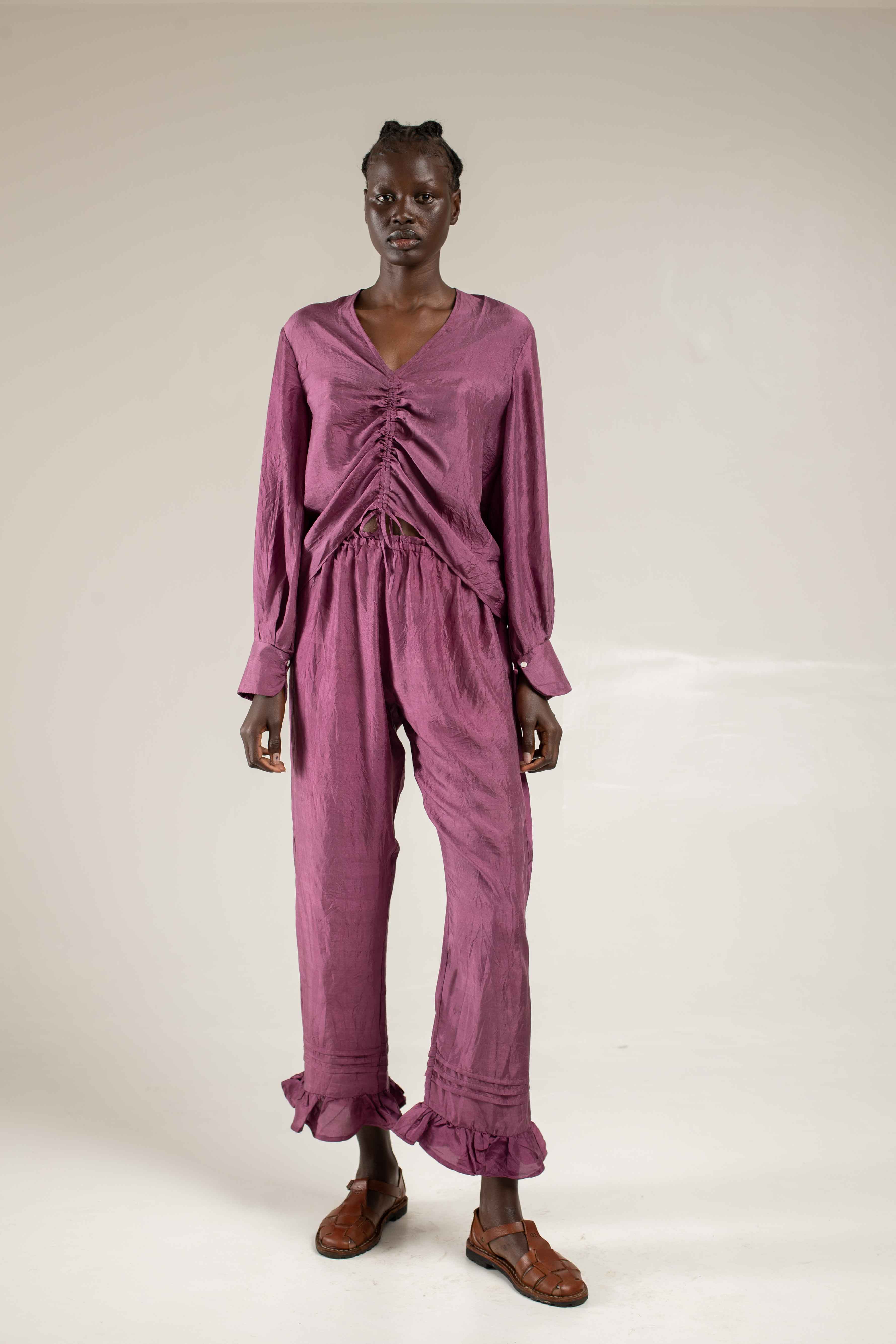 Frill hem pants Aubergine – Hamaji Studio