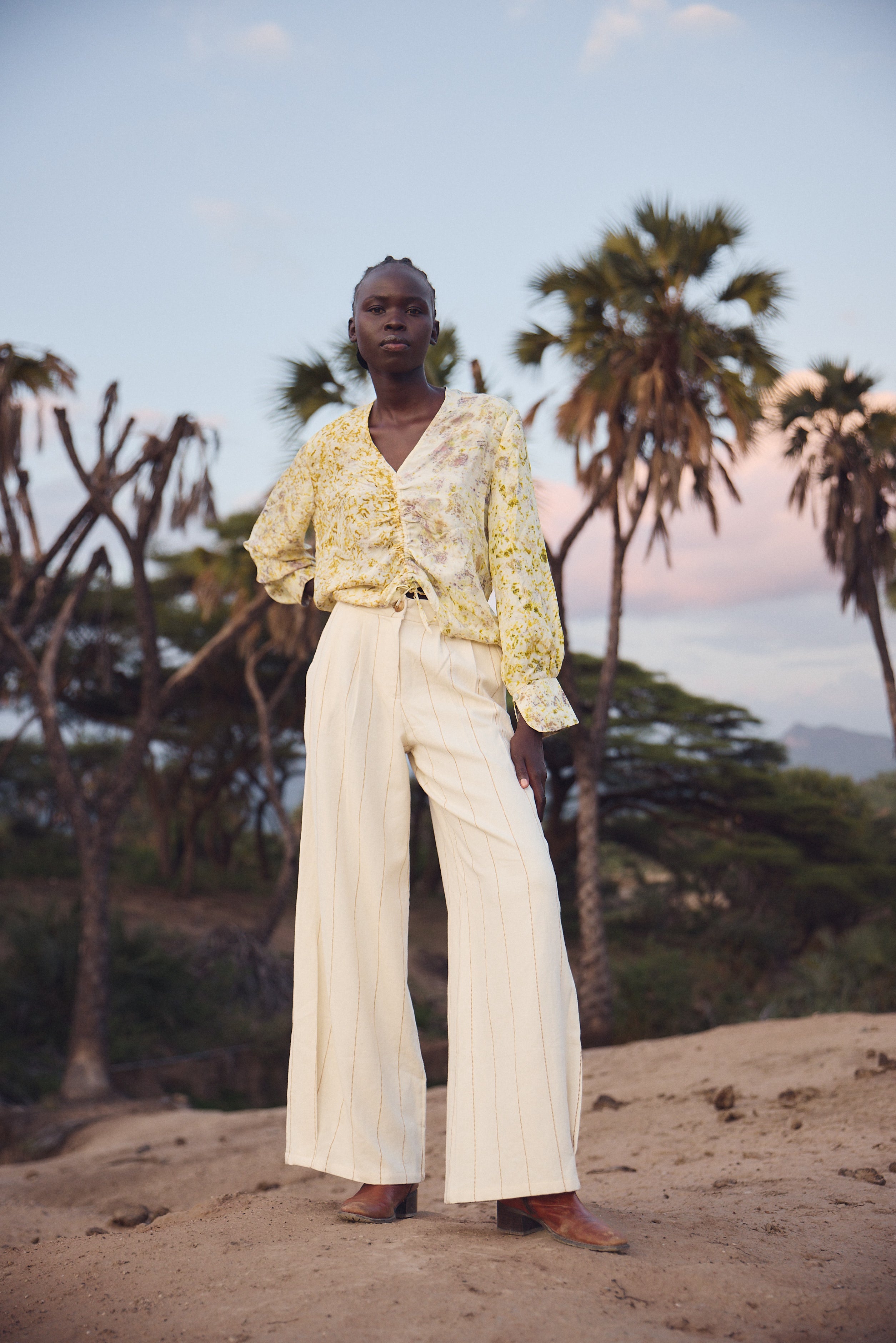 Rouched silk shirt - Floral print – Hamaji Studio