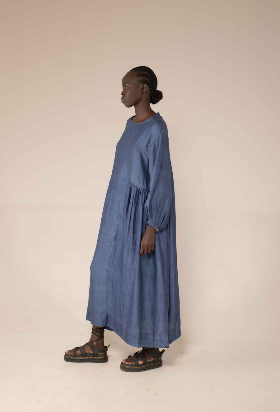 Handloom silk Balloon dress - Woad