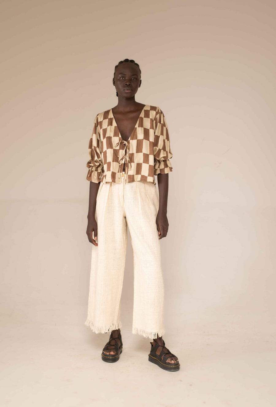 Tie front top - Block print mocha