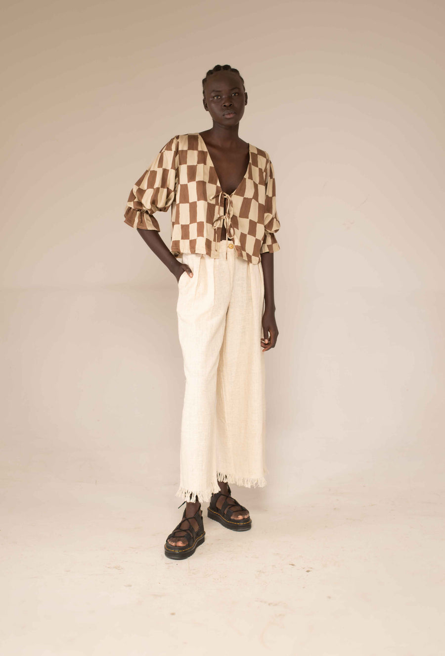 Tie front top - Block print mocha