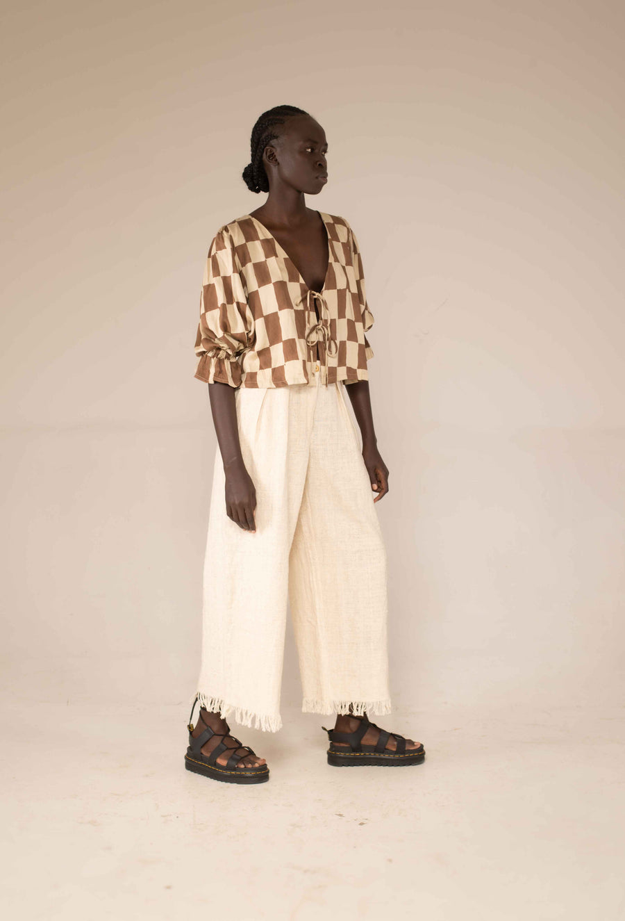 Tie front top - Block print mocha