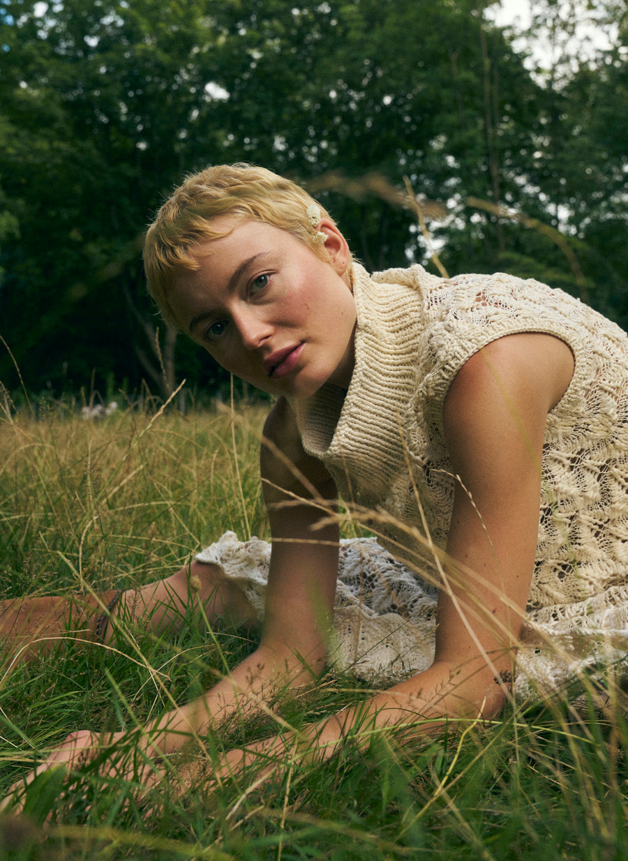 Hand spun silk and cotton knitted Polo top - Natural