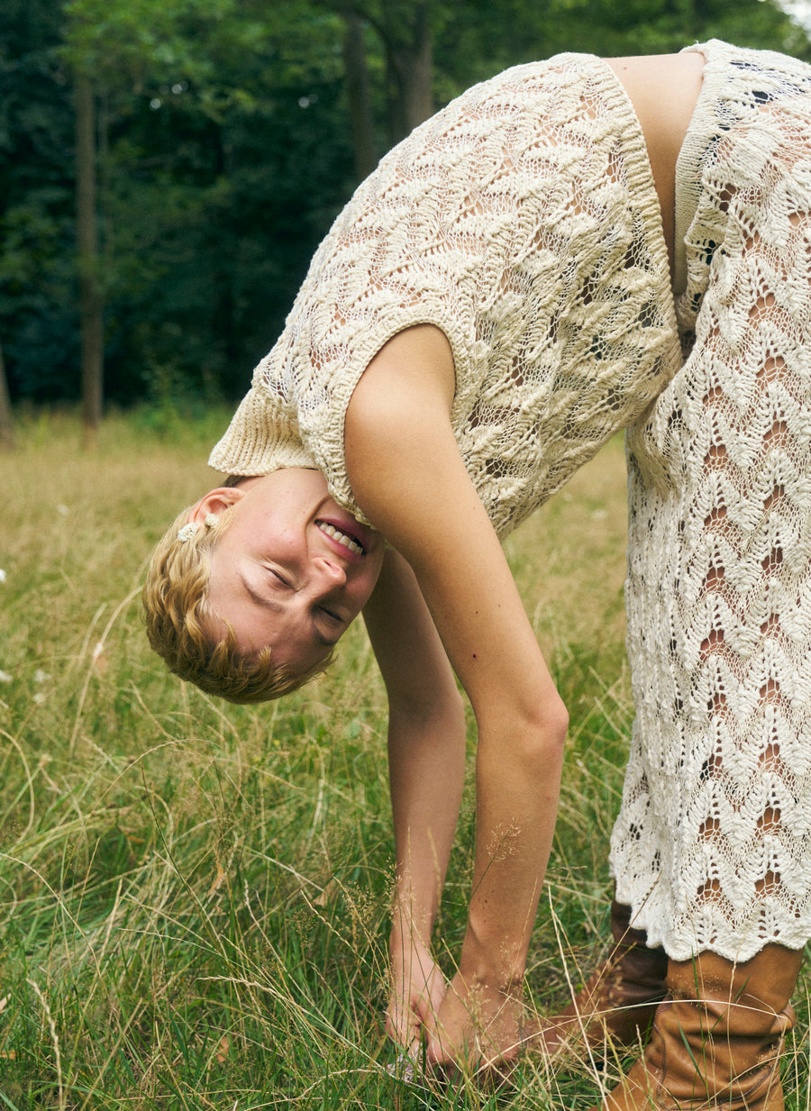 Hand spun silk and cotton knitted Polo top - Natural