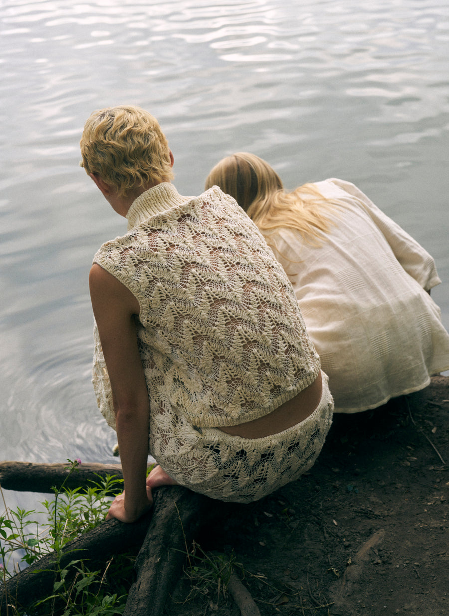 Hand spun silk and cotton knitted Polo top - Natural