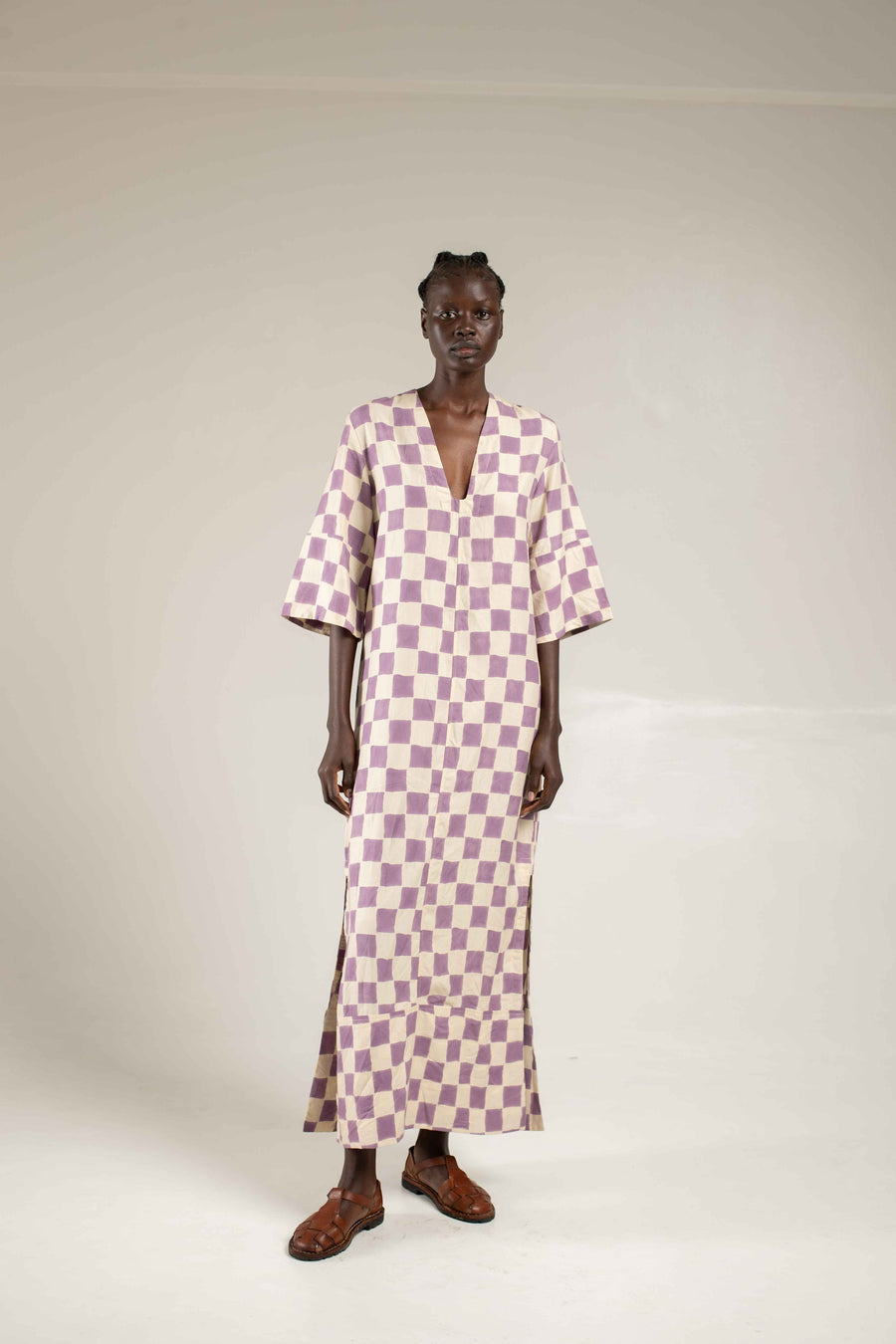 Woodblock printed Kaftan - Lilac check