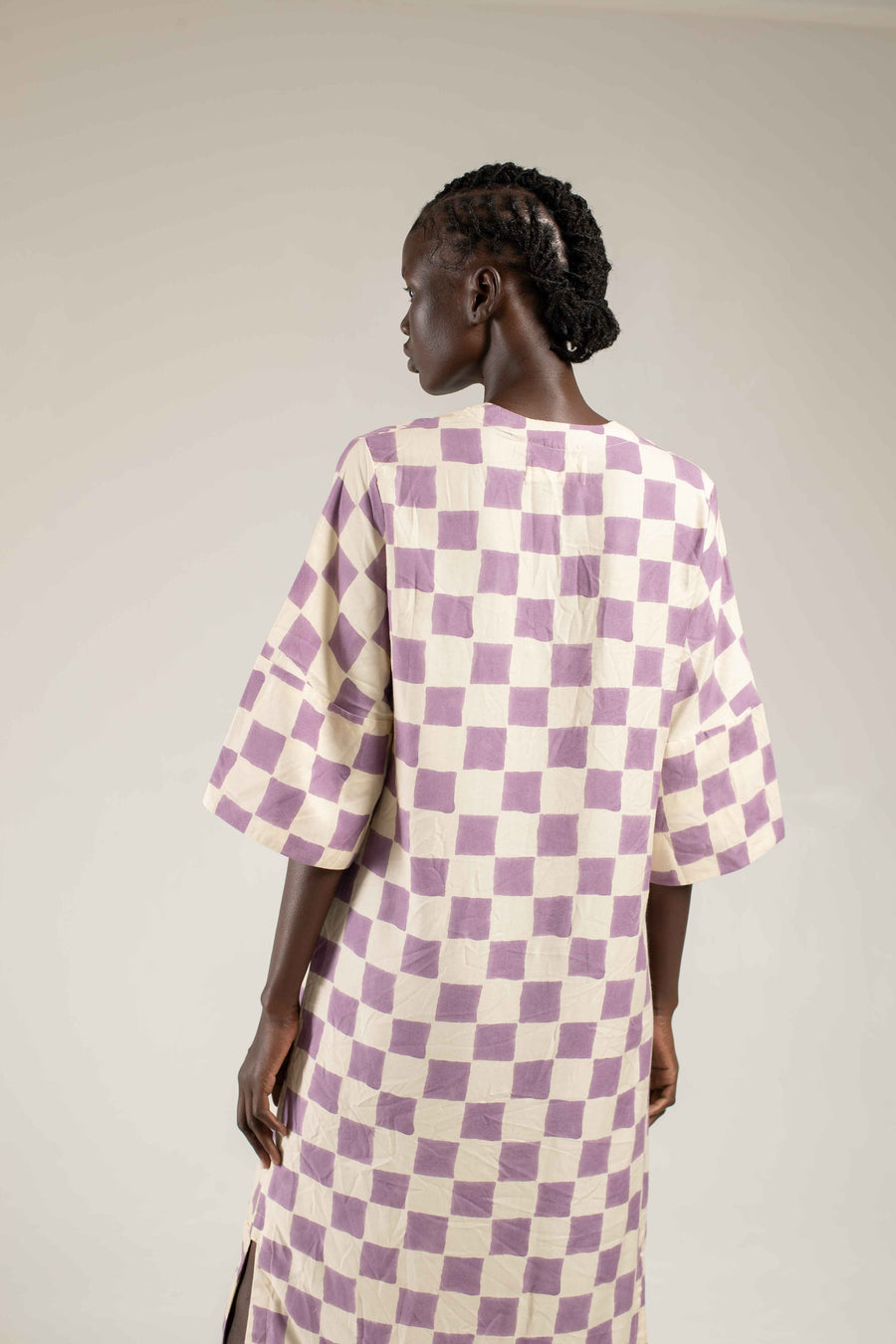 Woodblock printed Kaftan - Lilac check