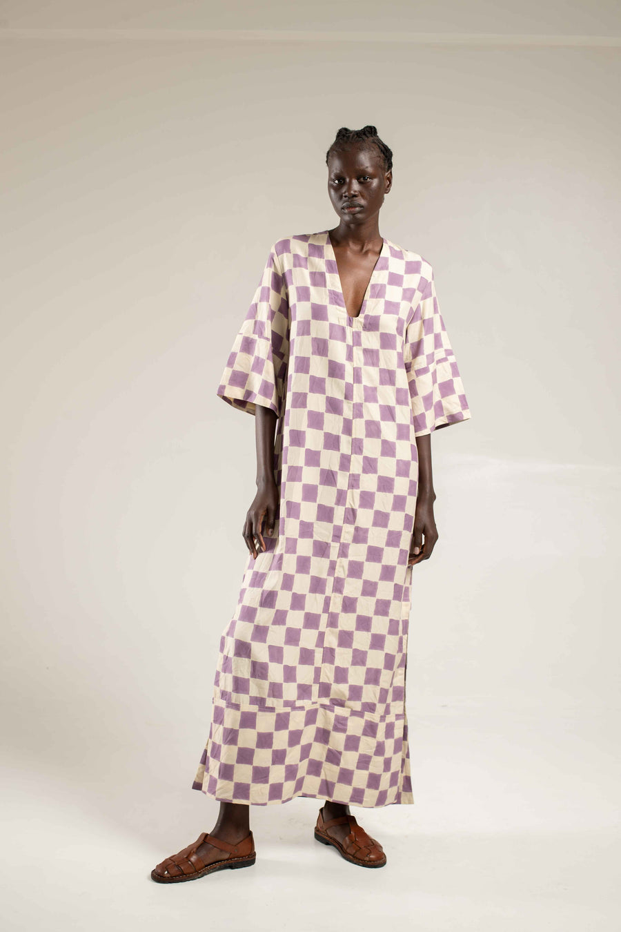 Woodblock printed Kaftan - Lilac check