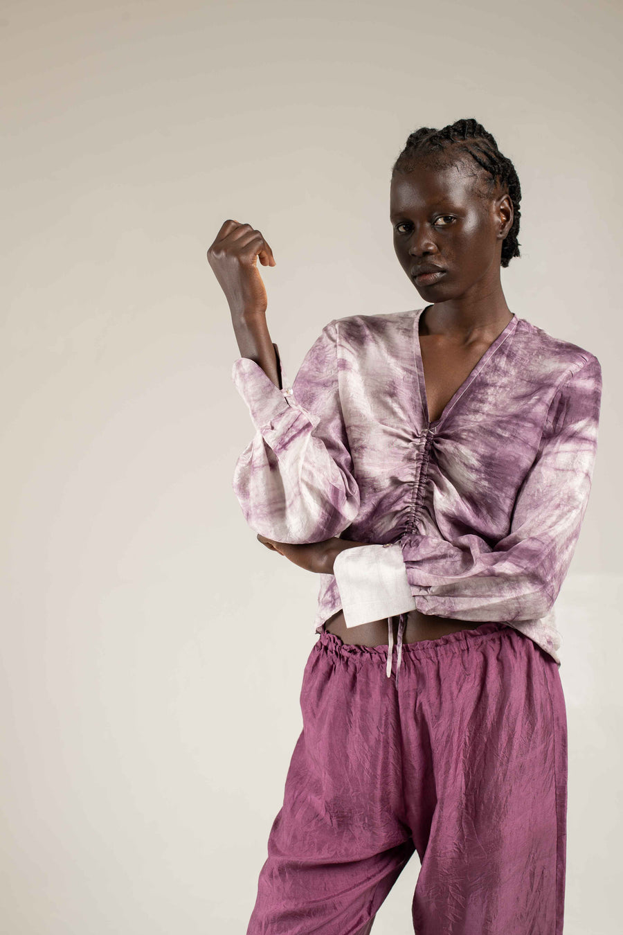 Rouched silk shirt - Shibori lilac