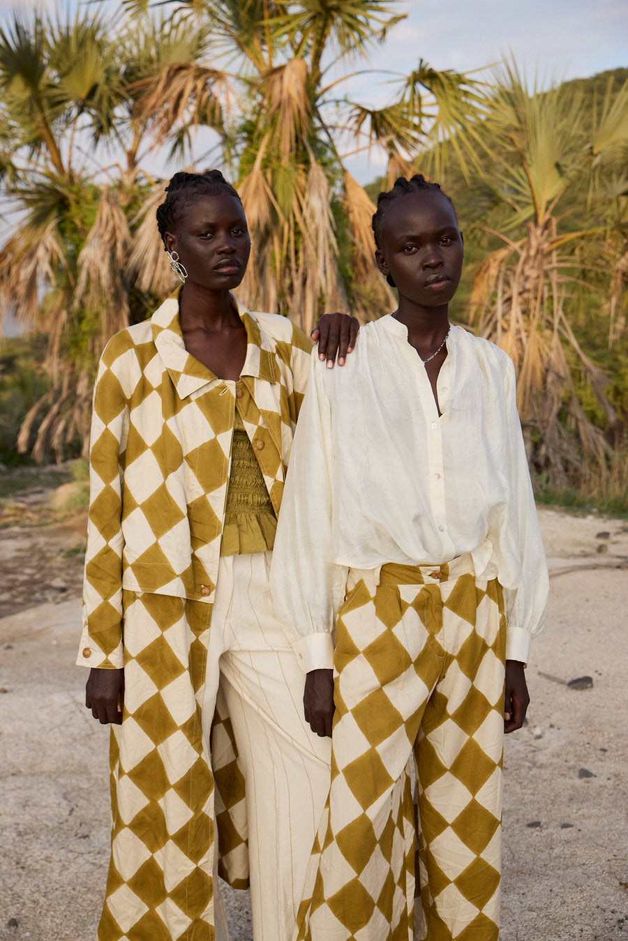 Woodblock printed Trenchcoat - Mustard diamond