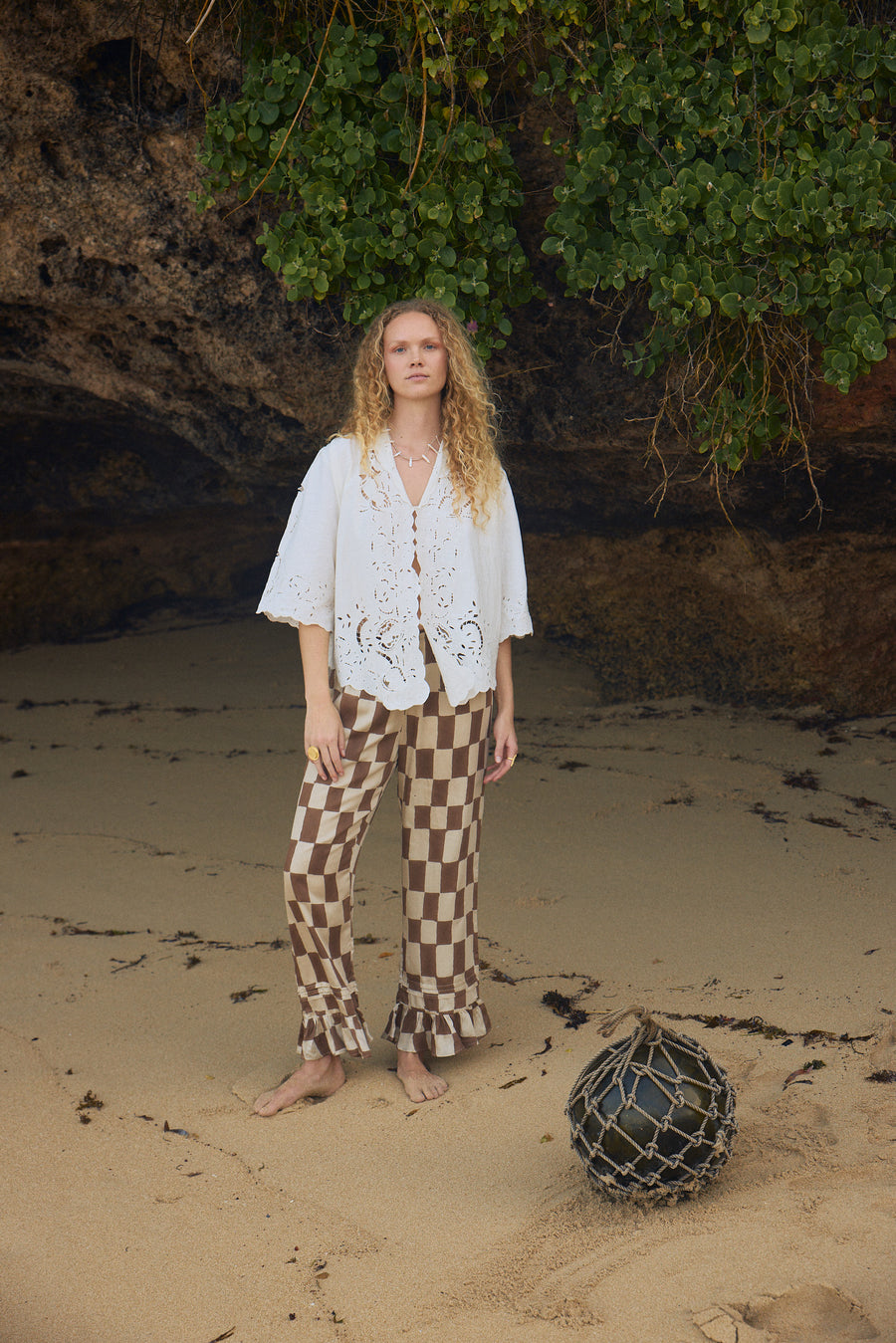 Frill hem pants - block print mocha