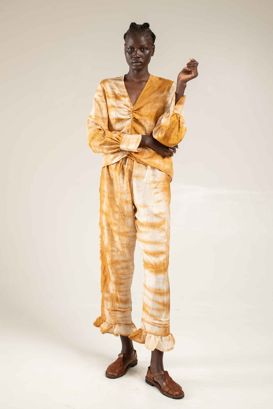 Rouched silk shirt - Shibori camel