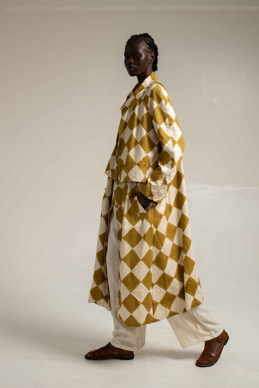 Woodblock printed Trenchcoat - Mustard diamond