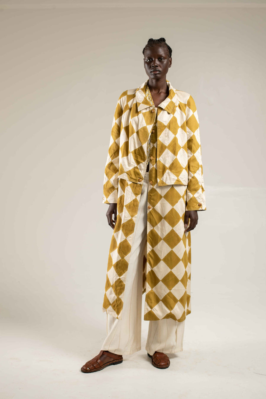 Woodblock printed Trenchcoat - Mustard diamond